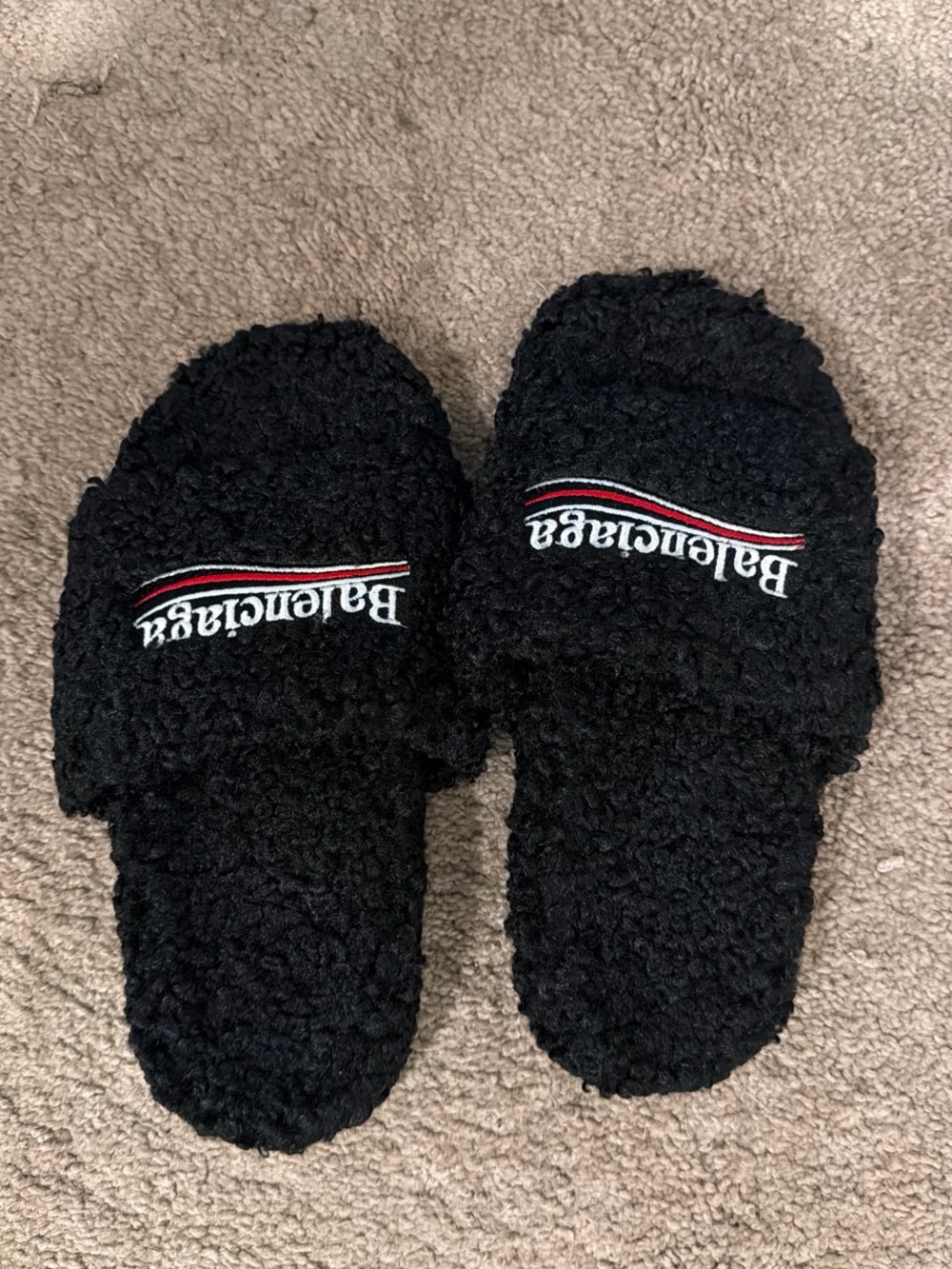 Balenciaga Black Shearling Logo Slide Sandals with Red & White Trim